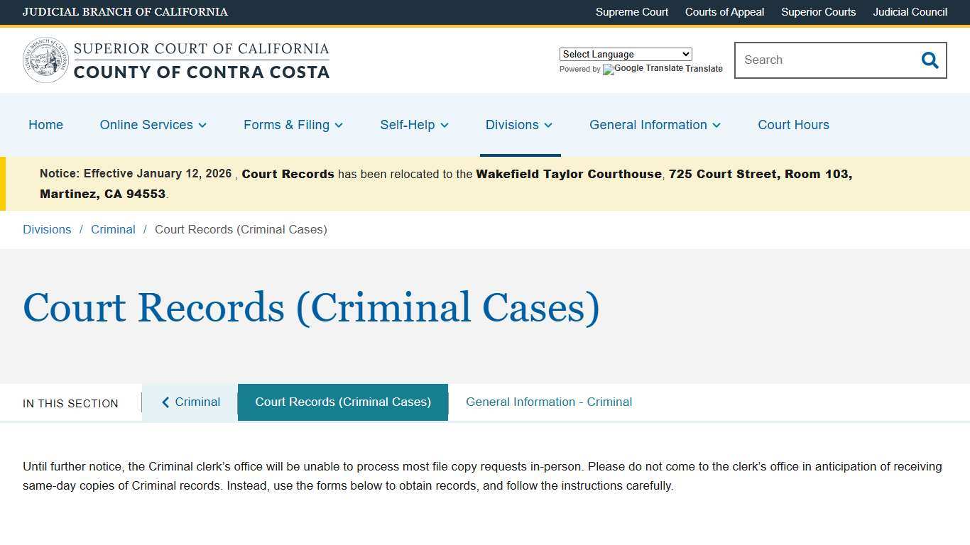 Court Records (Criminal Cases) Superior Court of California County of Contra Costa